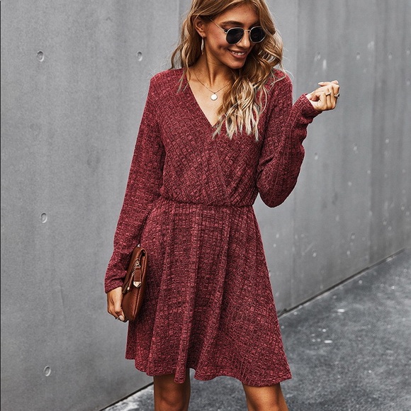 🍁🆕V Neck Long Sleeve Fall Dress Wine - Picture 6 of 7